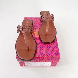 Tory Burch Brown Tiny Miller Thong Sandals in Burnt Cuoio Flat Low Wedge Size 10